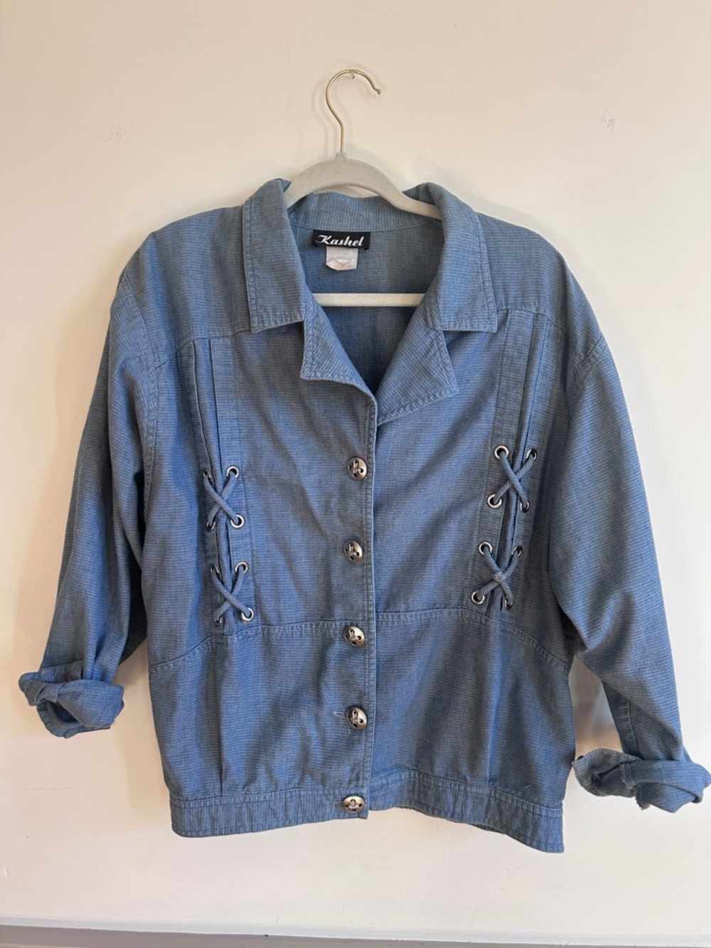 Vintage Light Blue Cotton Jacket Western Cowgirl Boho With Lace Detail Medium